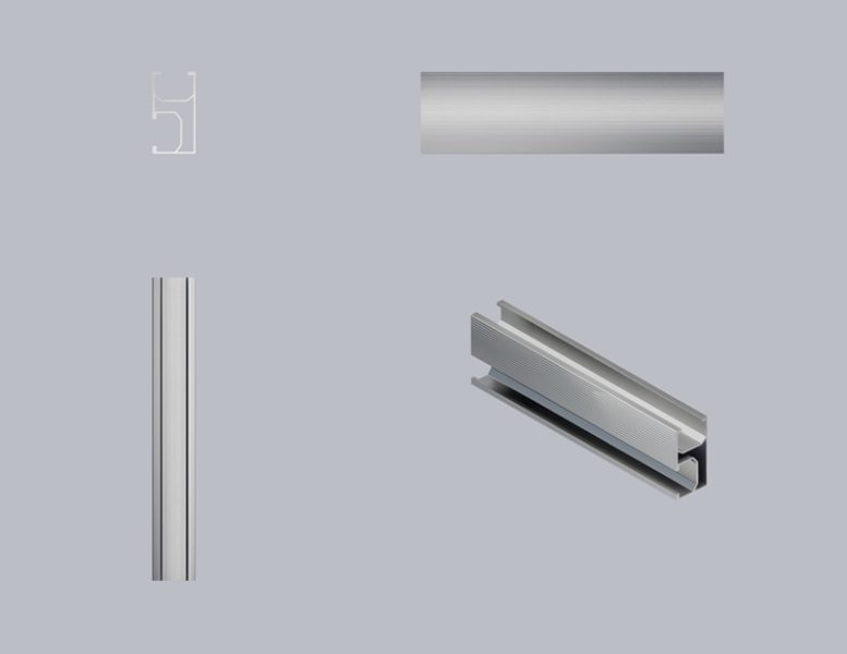 Set of silver aluminum extrusion profiles and a linear rail against a gray background.